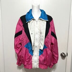 Westside Windbreaker Jacket Pink Black Blue Colorblock Zip Up Retro 80s Large